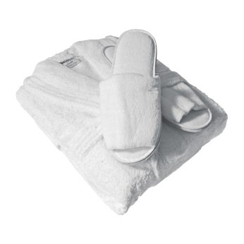Curzon-white-bathrobe-and-slipper-set-large. For spa and bathroom use.